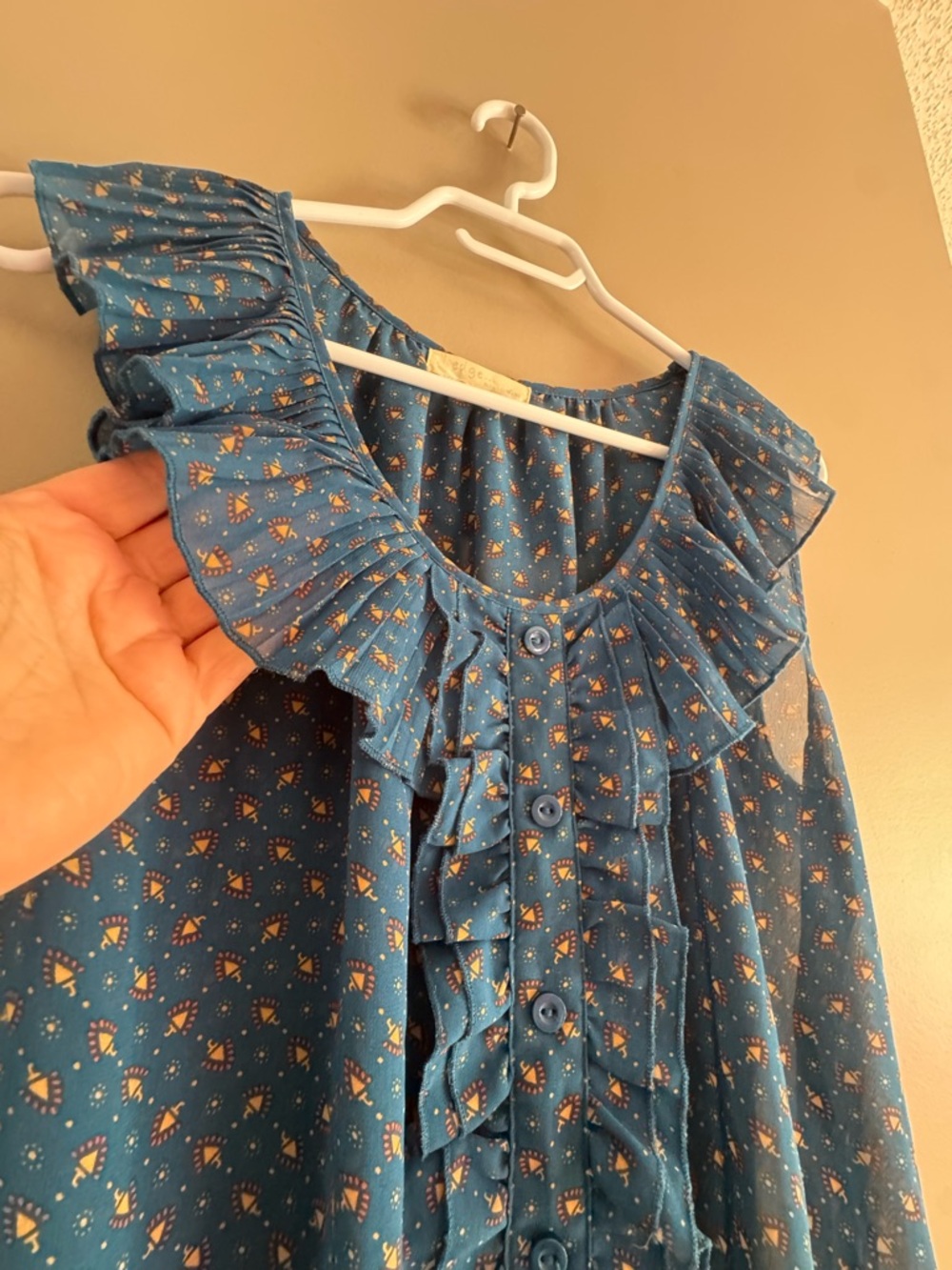 Teal Blue Ruffle-Front abstract printed sheer Top - Picture 2 of 8